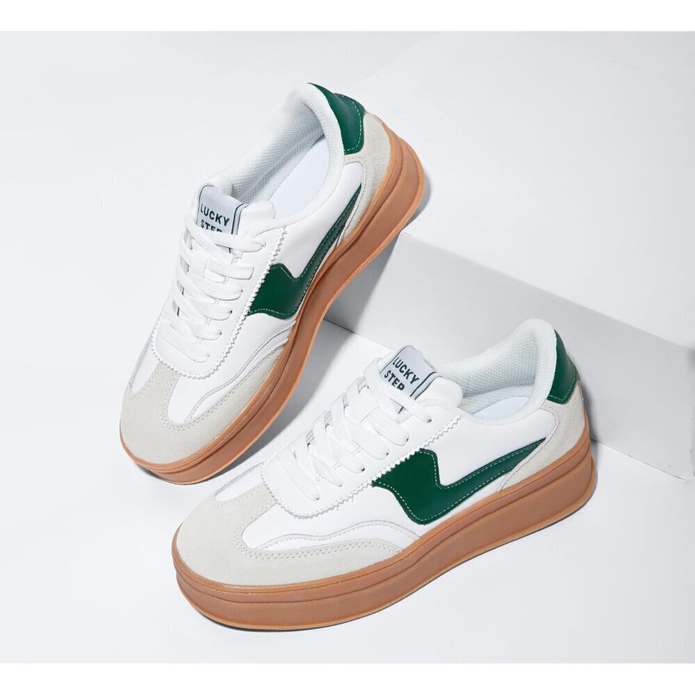 Women Platform WhiteGreen Sneaker Thick Sole Suede Leather Low Top Walking Shoes - Picture 4 of 9